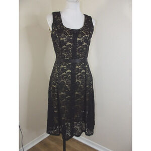 Perceptions NY Womens Sleeveless DRESS SMALL Black Lace Ovr Nude Ribbon Belt NWT